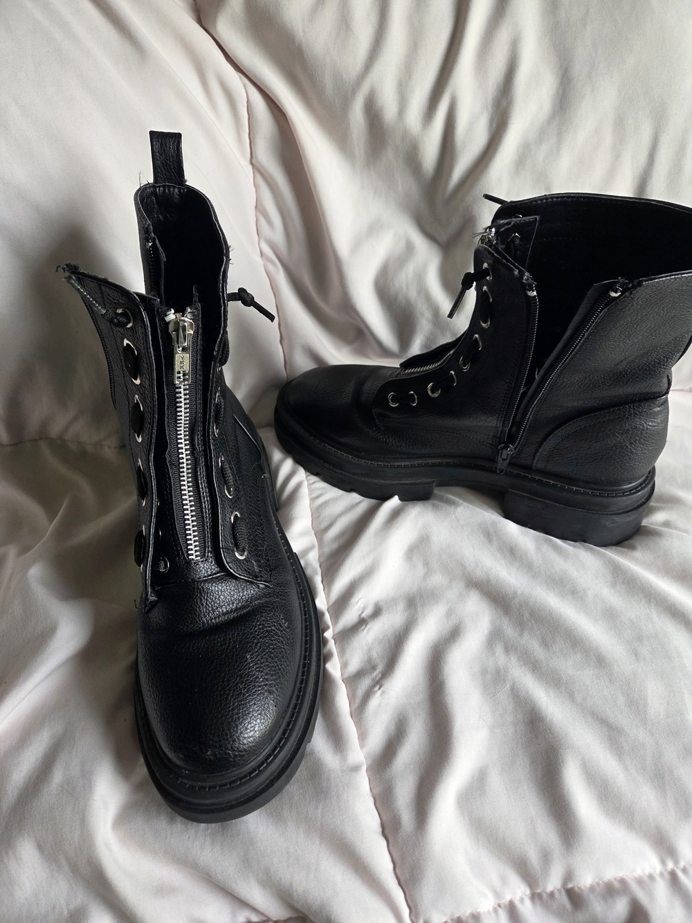 Black Leather Combat Boots with Front Zipper